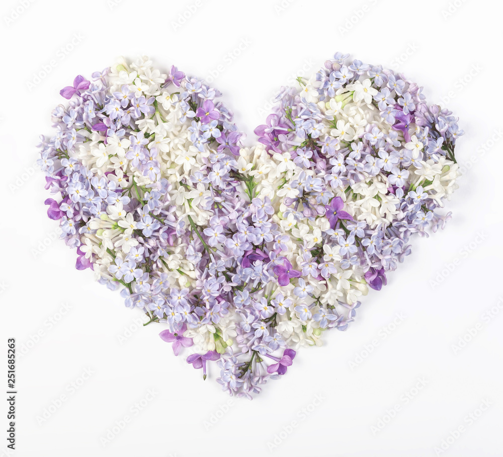 Obraz premium Heart symbol made of spring lilac flowers isolated on white background. Flat lay. Top view.