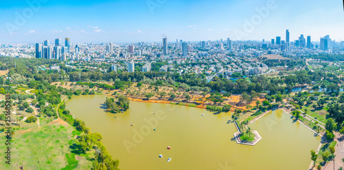 Cityscape of Tel Aviv viewed from TLV Balloon flying over Hayarkon park, Israel photo