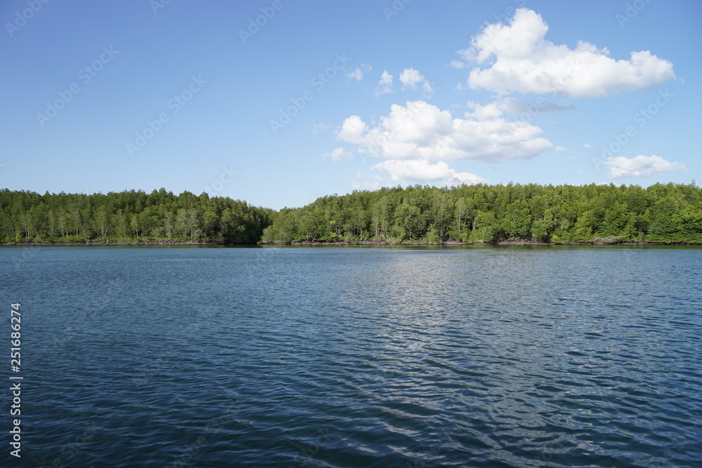 landscape with lake and blue sky