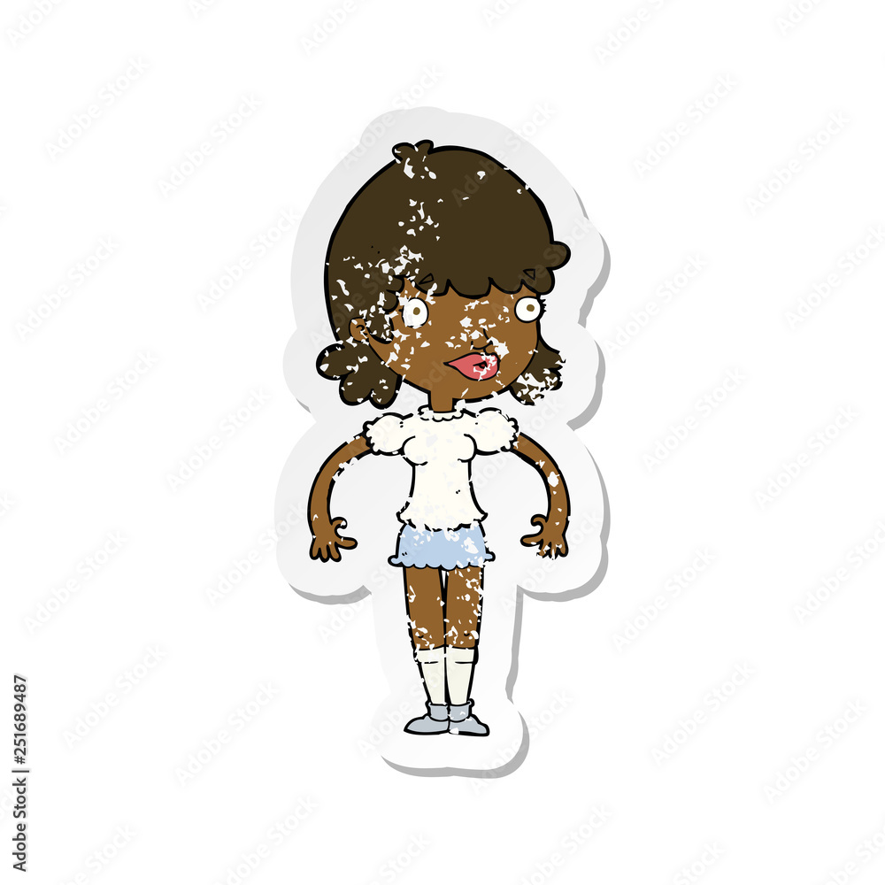 retro distressed sticker of a cartoon happy woman retro distressed sticker of a cartoon happy woman