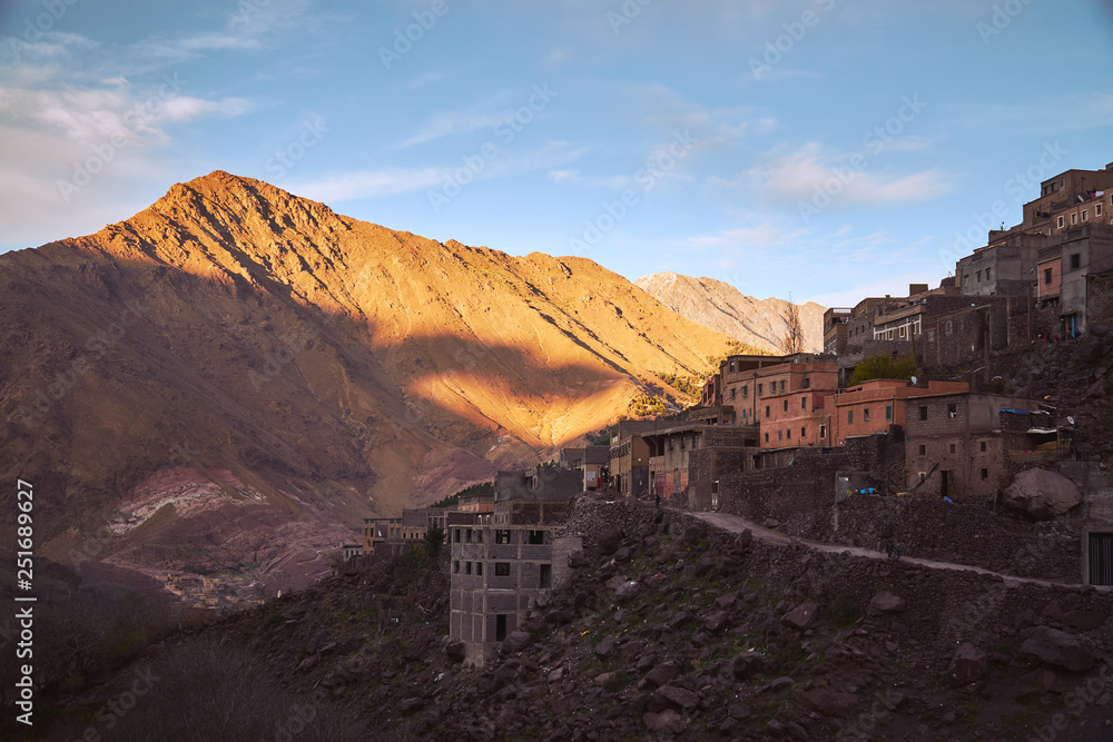 Sunset in typical moroccan village Imlil in High Atlas mountains Africa