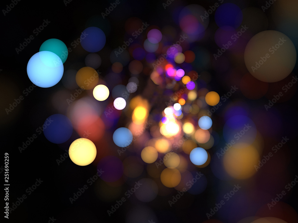 Abstract Illustration - Glowing Bokeh Spots, soft shapes blurred background. Magical fantasy background image, vibrant transparent glowing shapes. Colored circles, digital modern artwork, randomness