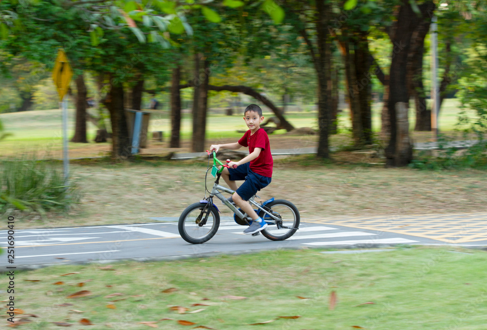 Asian boy riding bicycle in the park (motion blurred) Asian boy riding bicycle in the park (motion blurred)