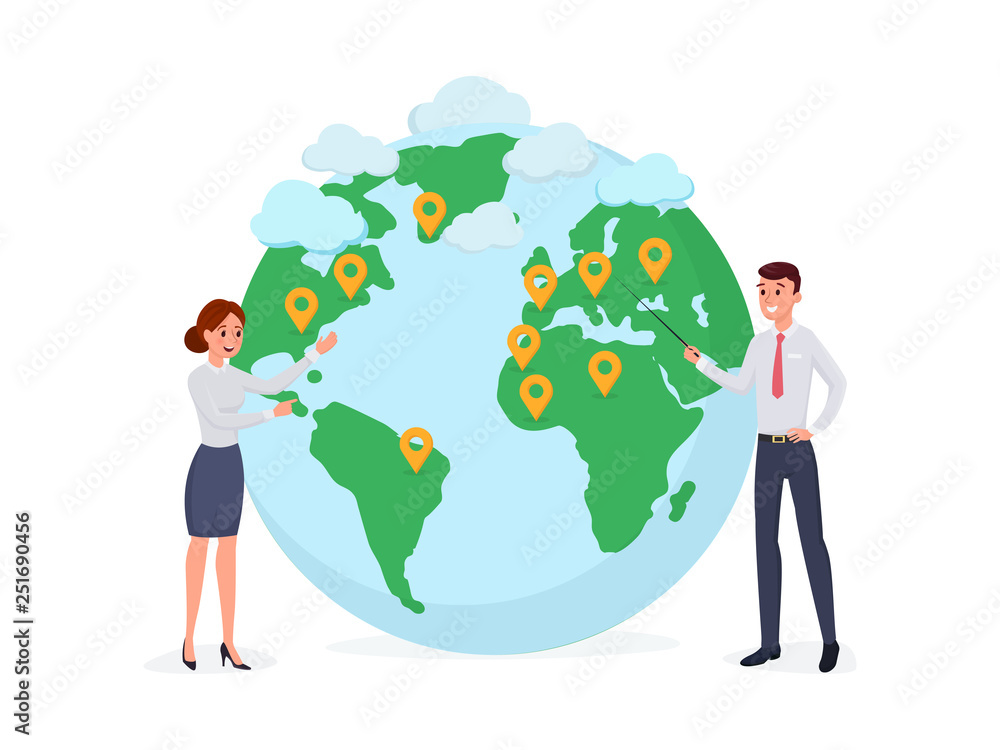 Man and woman near globe symbol