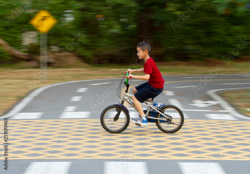 Fototapeta Naklejka Na Ścianę i Meble -  Asian boy riding bicycle in the park (motion blurred)