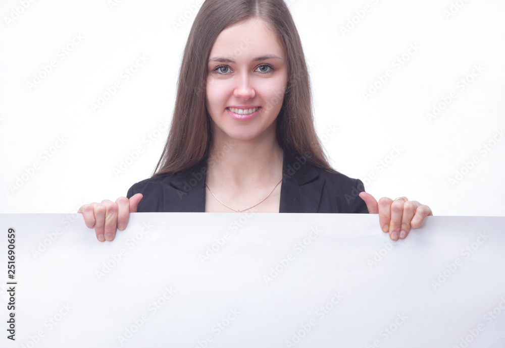 Executive's young business woman showing blank banner. isolated on white background Executive's young business woman showing blank banner. isolated on white background