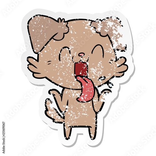 distressed sticker of a cartoon panting dog shrugging shoulders