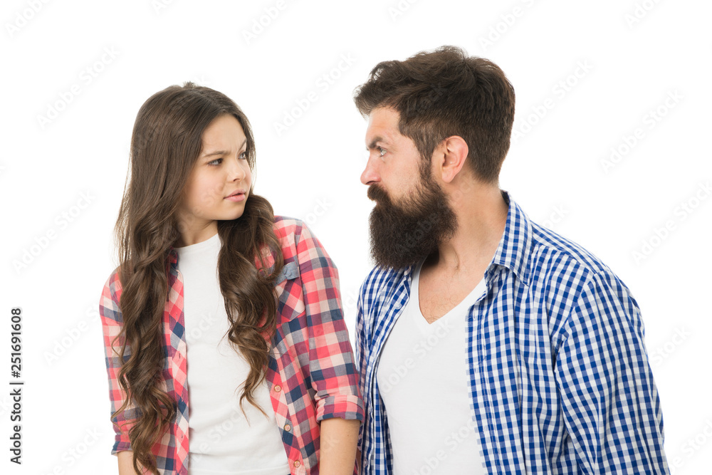 Strict father concept. Man brutal bearded dad talking to little daughter. Something forbidden. Parenthood and upbringing. Strict rules of family. Strict upbringing. Seriously unhappy about misconduct Strict father concept. Man brutal bearded dad talking to little daughter. Something forbidden. Parenthood and upbringing. Strict rules of family. Strict upbringing. Seriously unhappy about misconduct