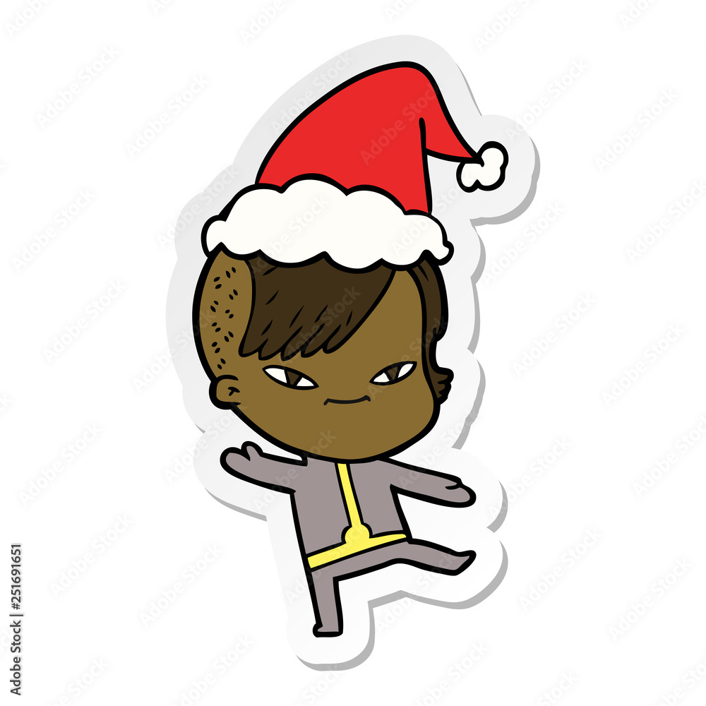 cute sticker cartoon of a girl with hipster haircut wearing santa hat cute sticker cartoon of a girl with hipster haircut wearing santa hat