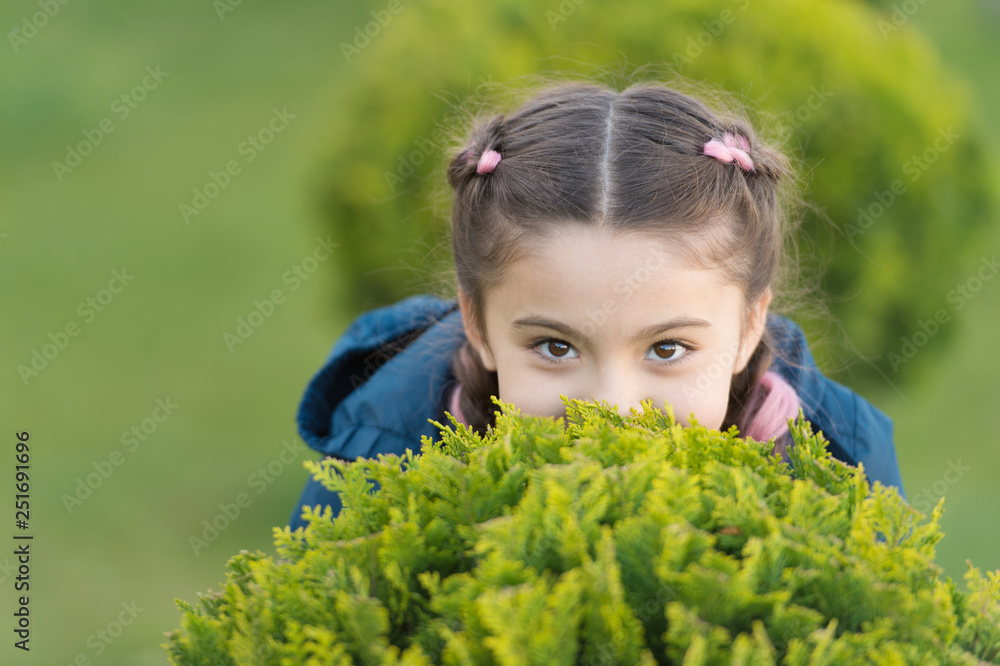 Girl cute kid green grass background. Healthy emotional happy kid relaxing outdoors. What makes child happy. Girl braids hairstyle enjoy relax. Happy hiding game outdoors. Play hide and seek Girl cute kid green grass background. Healthy emotional happy kid relaxing outdoors. What makes child happy. Girl braids hairstyle enjoy relax. Happy hiding game outdoors. Play hide and seek
