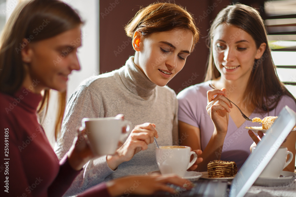 Two sweet friends communicate during lunch break in cozy cafe. Two sweet friends communicate during lunch break in cozy cafe.