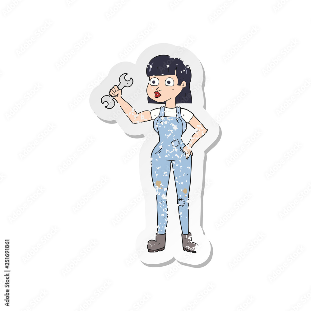 retro distressed sticker of a cartoon mechanic woman retro distressed sticker of a cartoon mechanic woman