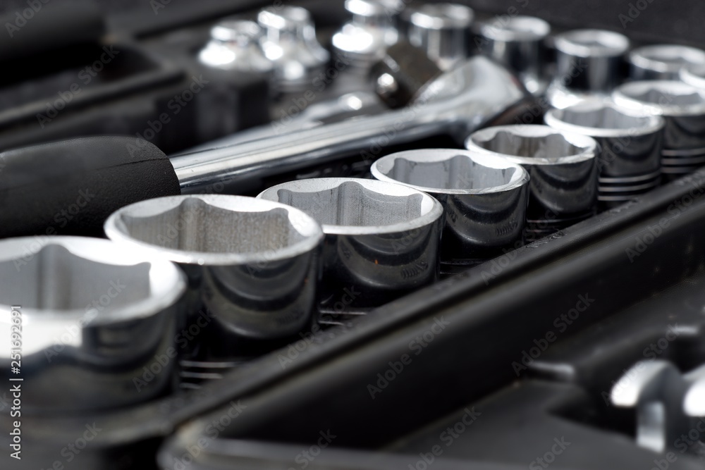 Tool repairman, mechanic tool set in the background. Tool repairman, mechanic tool set in the background.