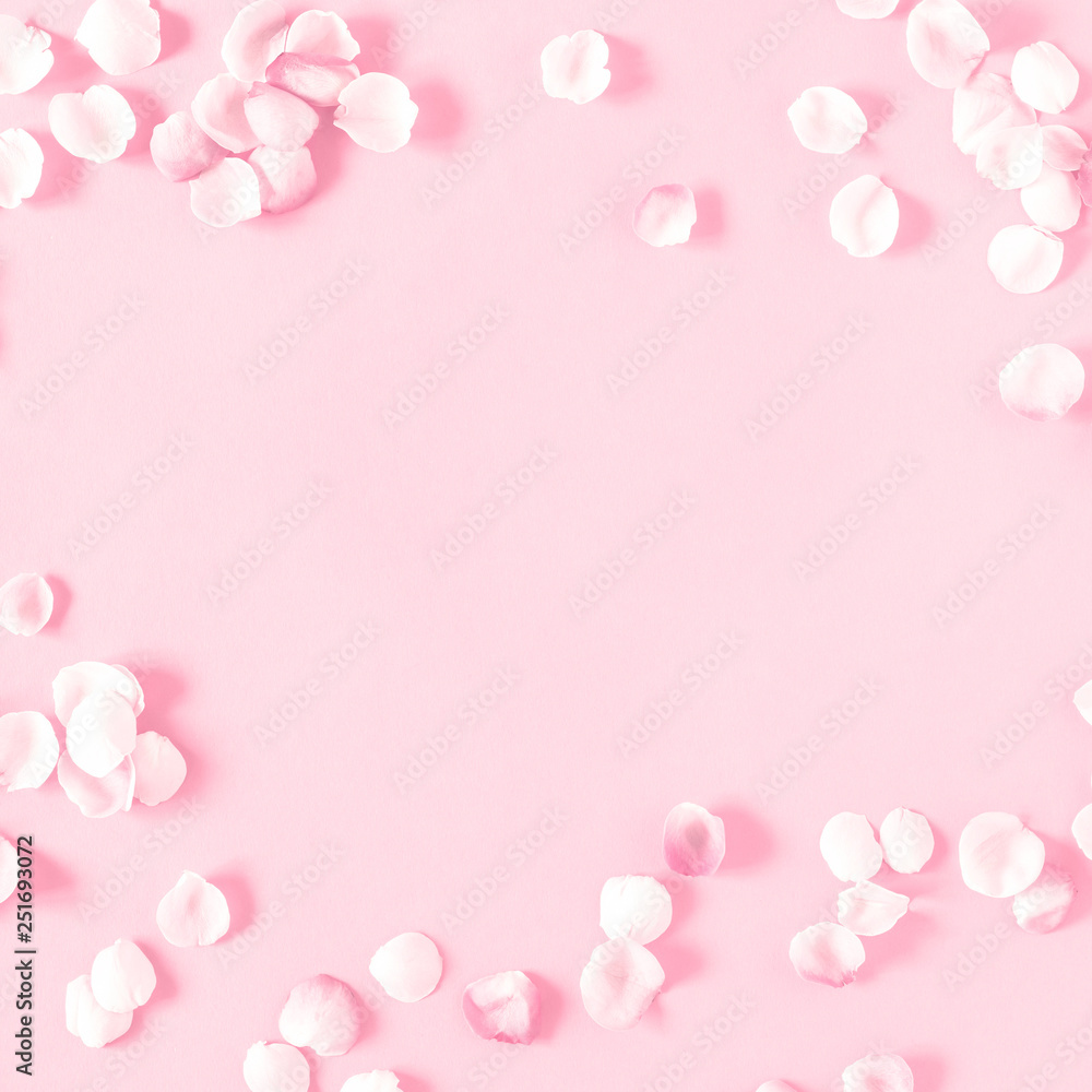 Flowers composition romantic. Pink background and pink petals of rose flowers. Wedding. Birthday. Happy woman's day. Mothers Day. Valentine's Day. Flat lay, top view, copy space