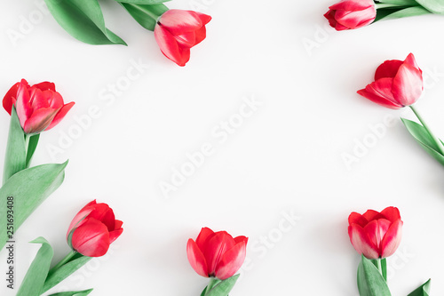 Flowers composition romantic. Pink tulips on white background. Wedding. Birthday. Happy womens day. Mothers Day. Valentine s Day. Flat lay  top view  copy space