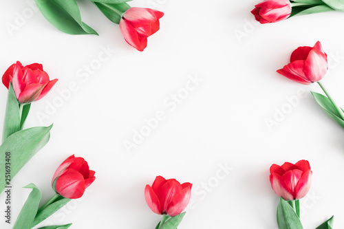 Flowers composition romantic. Pink tulips on white background. Wedding. Birthday. Happy womens day. Mothers Day. Valentine's Day. Flat lay, top view, copy space