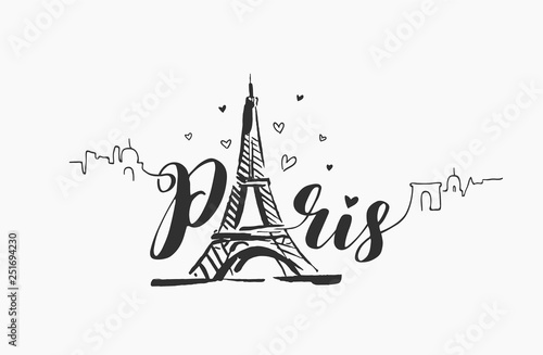 Vector hand drawn illustration of Paris famous building silhouette on white background.