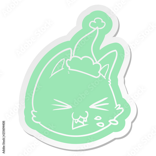 spitting cartoon  sticker of a cat face wearing santa hat