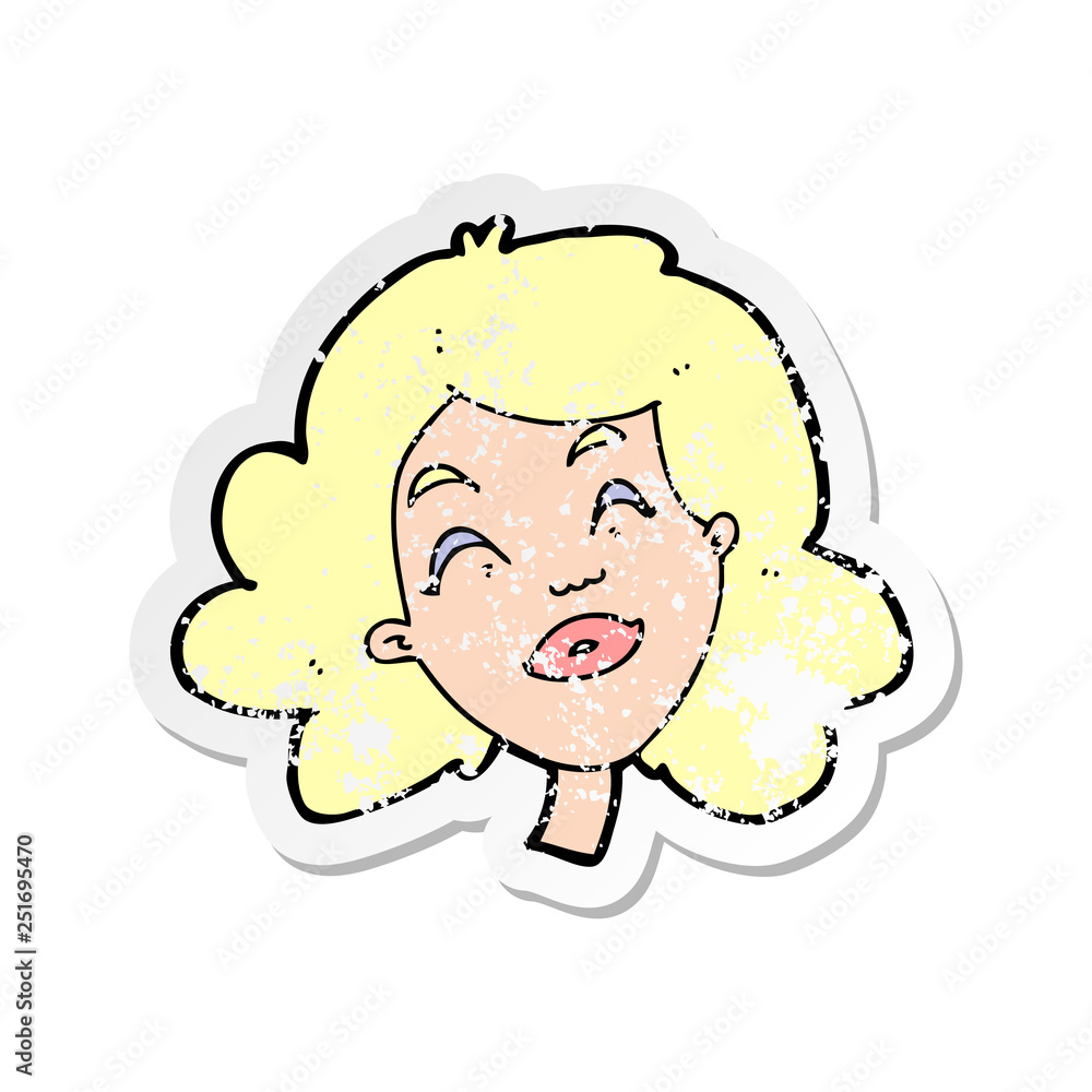 Obraz premium retro distressed sticker of a cartoon happy female face