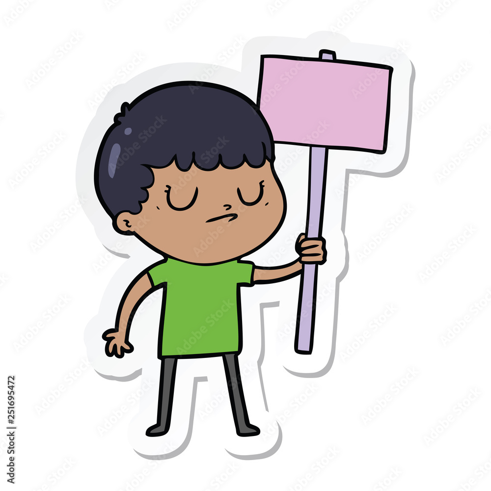 sticker of a cartoon grumpy boy with placard sticker of a cartoon grumpy boy with placard