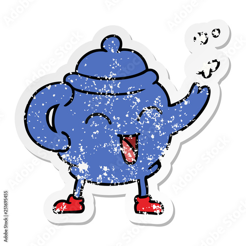 distressed sticker cartoon doodle of a blue tea pot