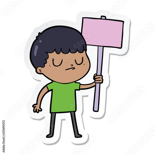 sticker of a cartoon grumpy boy with placard