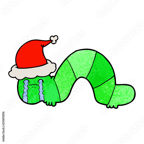 textured cartoon of a caterpillar obsessing over his regrets wearing santa hat