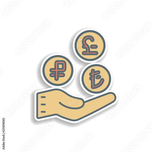 hands hold coins sticker icon. Element of color banking icon. Premium quality sticker design icon. Signs and symbols collection icon for websites, web design