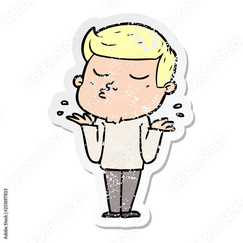 distressed sticker of a cartoon model guy pouting