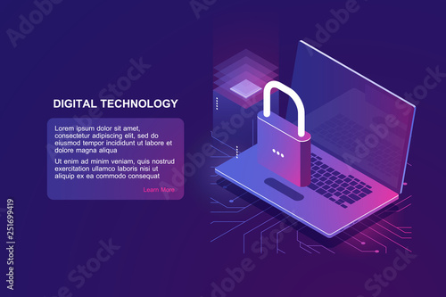 Laptop with lock, computer security isometric icon, data protection, safety in internet, protection personal information, blockchain technology, encryption file ultraviolet