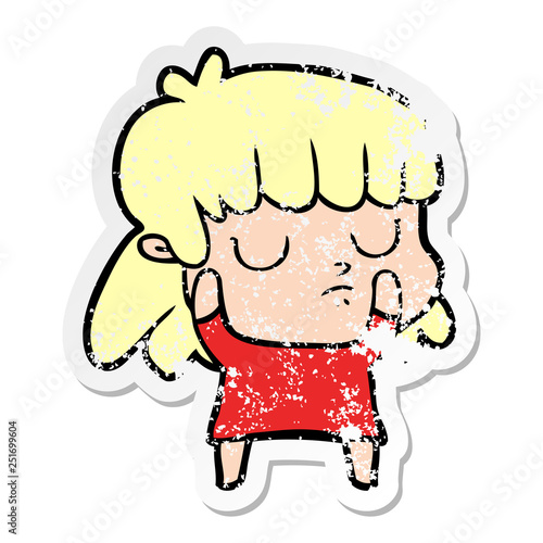 distressed sticker of a cartoon indifferent woman