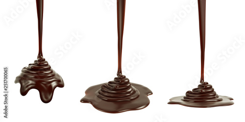 3D rendering of melted dark chocolate pouring and folding on sphere form and ground plane, isolated on white - Illustration