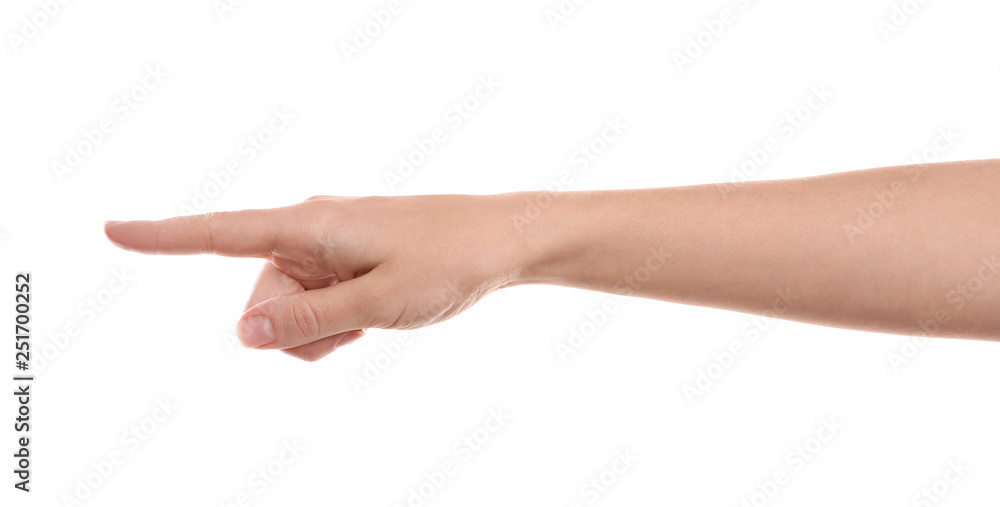 Woman pointing at something on white background, closeup of hand Woman pointing at something on white background, closeup of hand