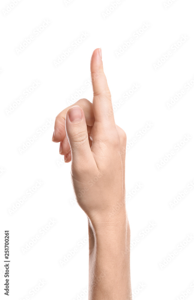Woman pointing at something on white background, closeup of hand Woman pointing at something on white background, closeup of hand