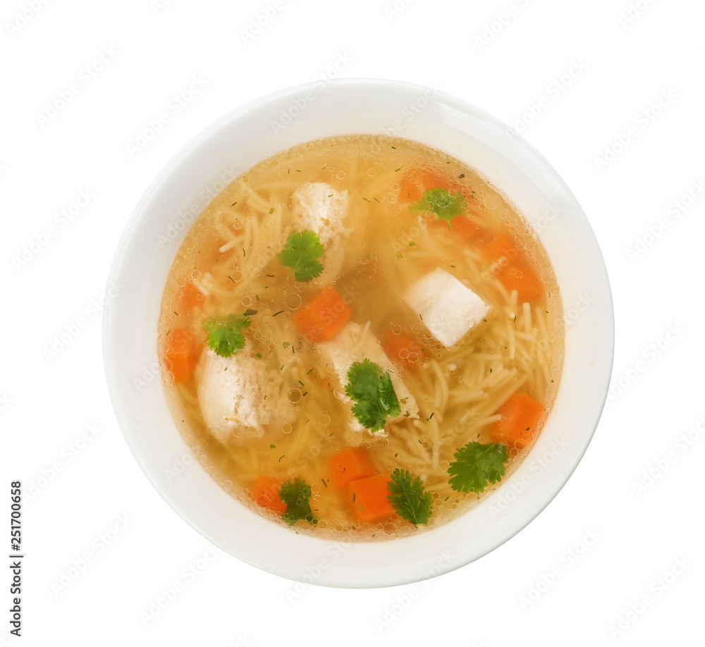 Dish with fresh homemade chicken soup on white background, top view
