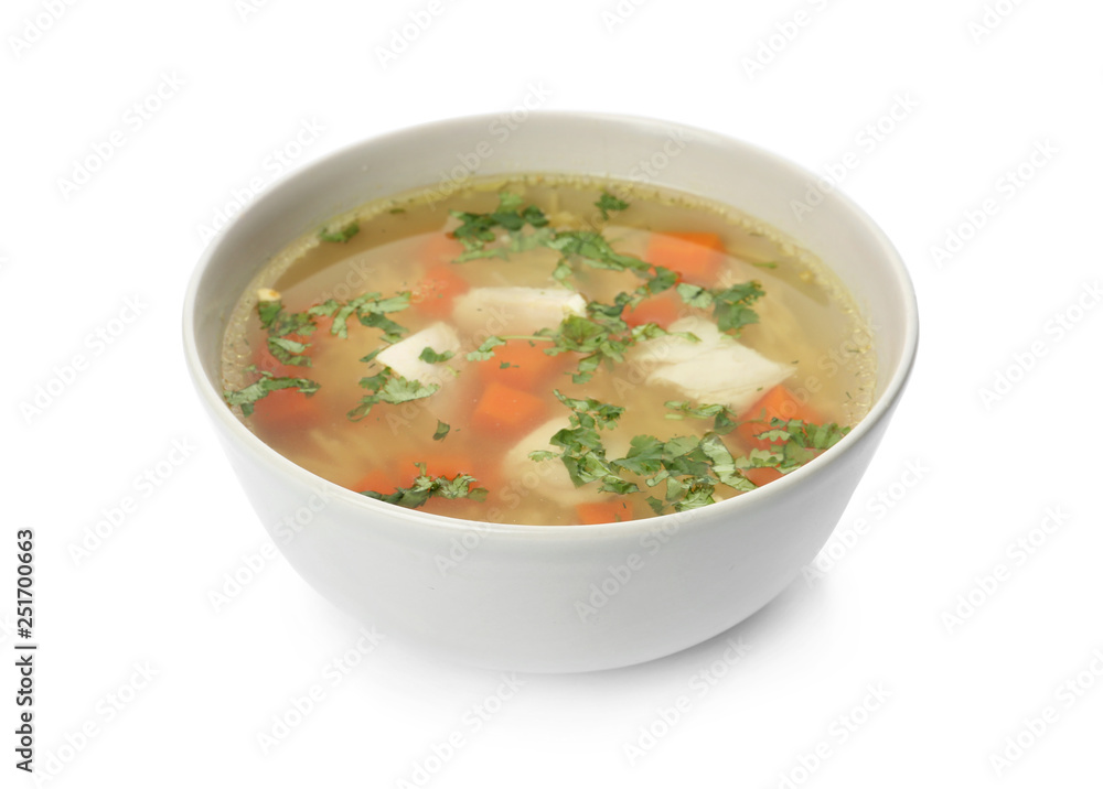 Bowl with fresh homemade chicken soup on white background