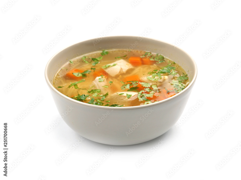 Bowl with fresh homemade chicken soup on white background Bowl with fresh homemade chicken soup on white background