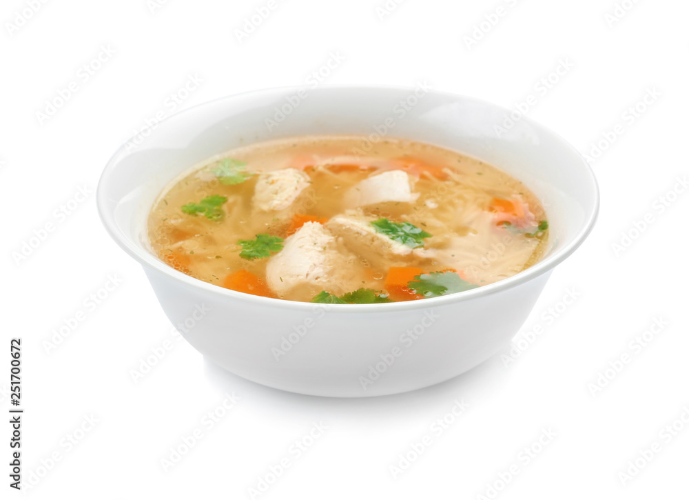 Dish with fresh homemade chicken soup on white background Dish with fresh homemade chicken soup on white background