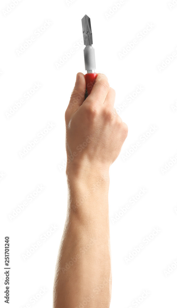 Man holding construction knife on white background. Tools and equipment Man holding construction knife on white background. Tools and equipment