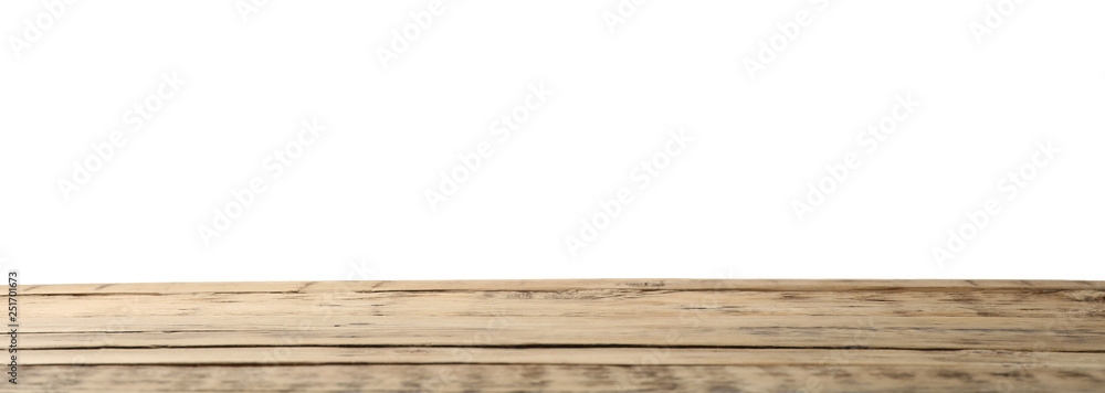 Empty wooden surface against white background. Mockup for design