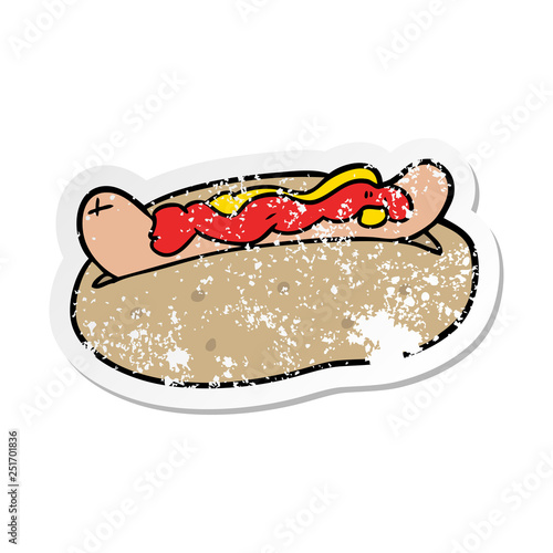 distressed sticker of a cartoon hotdog