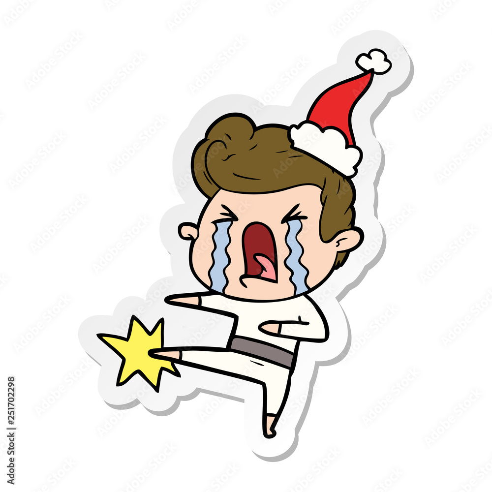 sticker cartoon of a crying man wearing santa hat