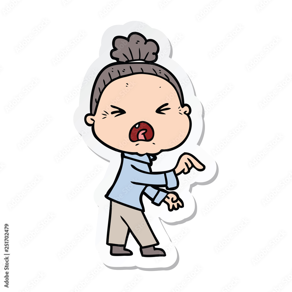sticker of a cartoon angry old woman