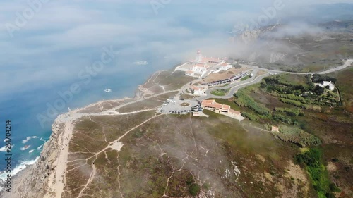 Beautiful aerial vibrant view of Capo Da Roca, the most western point of Europe, Portuguese municipality of Sintra, near Azoia, district of Lisbon, Serra de Sintra, Portugal, shot from drone photo