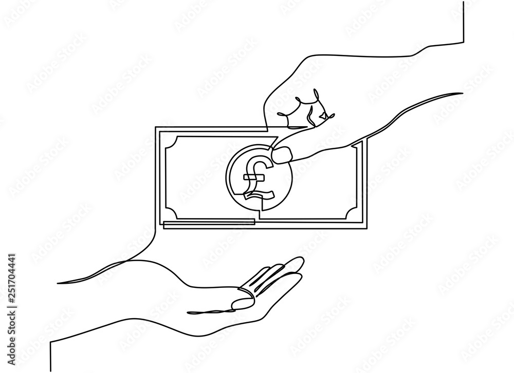 continuous line drawing of giving (or paying) money , pound sterling bills  - bribery, loan and financial concepts. vector Stock Vector