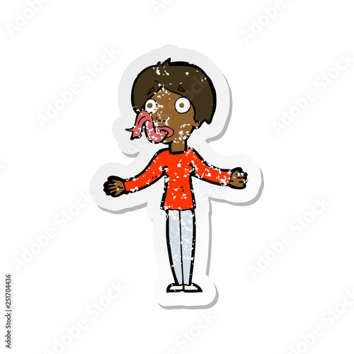retro distressed sticker of a cartoon woman telling lies