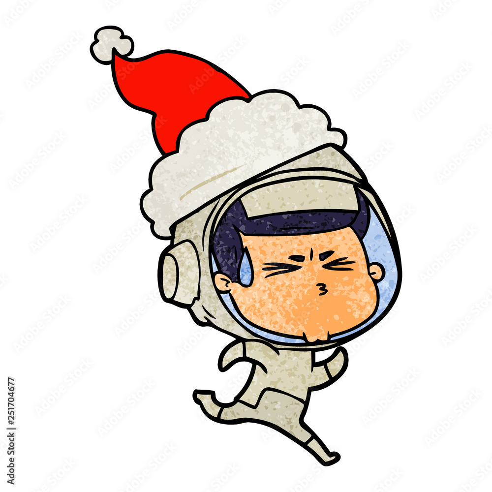 textured cartoon of a stressed astronaut wearing santa hat textured cartoon of a stressed astronaut wearing santa hat