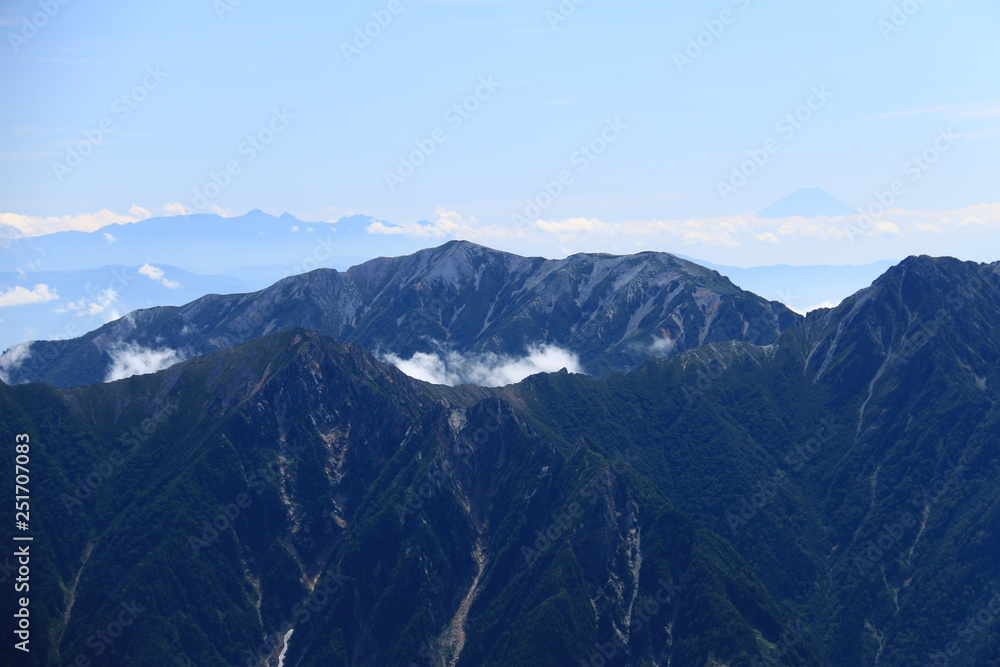 剣岳山頂から　後立山連峰越しの八ヶ岳と富士山遠景