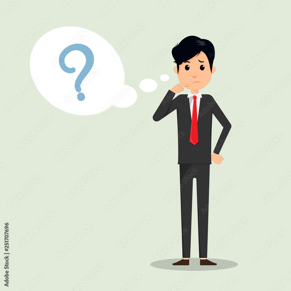 Business man thinking with question mark in think bubble vector illustration. Business man and question in bubble think. Vector illustrator. Business man thinking with question mark in think bubble vector illustration. Business man and question in bubble think. Vector illustrator.