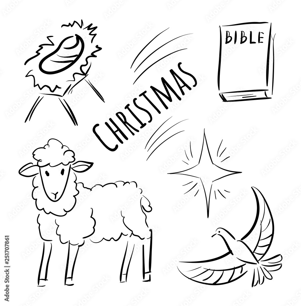 Obraz premium Doodle icons for Christmas - Bible, dove, lamb, child, star